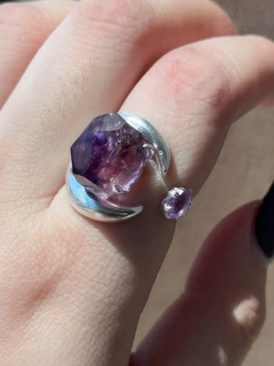 Moon Embrace Clarity & Serenity Rings | Amethyst & Clear Quartz Sterling Silver Design