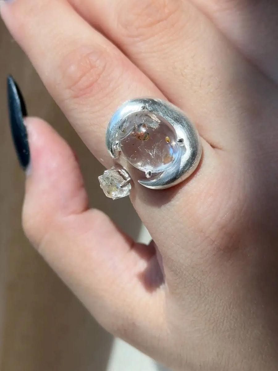 Moon Embrace Clarity & Serenity Rings | Amethyst & Clear Quartz Sterling Silver Design