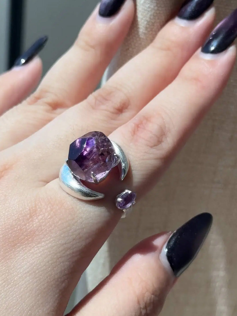 Moon Embrace Clarity & Serenity Rings | Amethyst & Clear Quartz Sterling Silver Design