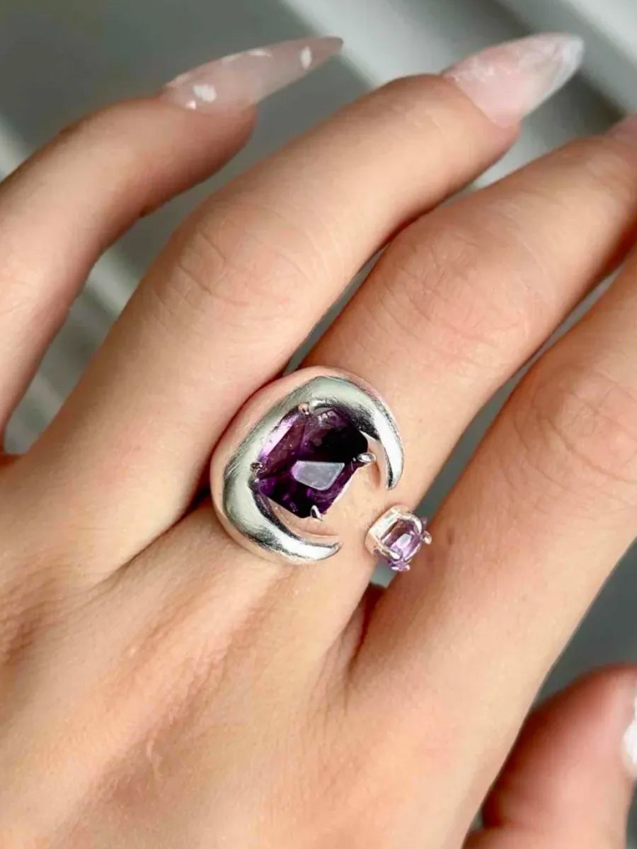 Moon Embrace Clarity & Serenity Rings | Amethyst & Clear Quartz Sterling Silver Design