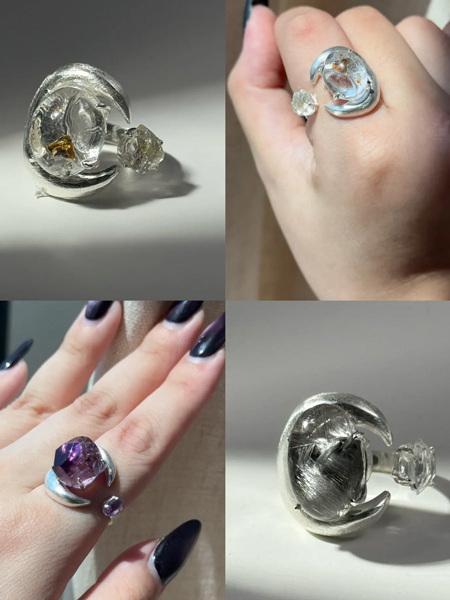 Moon Embrace Clarity & Serenity Rings | Amethyst & Clear Quartz Sterling Silver Design